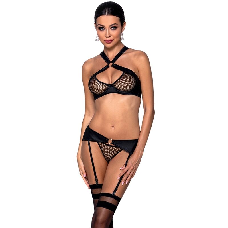 Conjunto Sexy Amanda Ecological Leather - Sujetador, Liguero y Tanga S/M