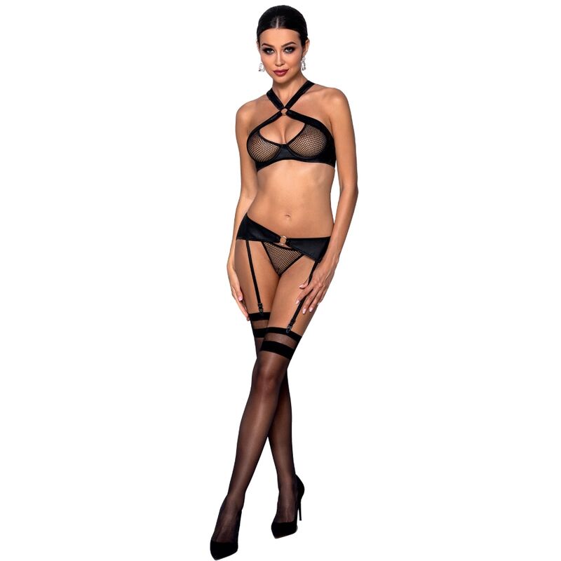 Conjunto Sexy Amanda Ecological Leather - Sujetador, Liguero y Tanga S/M