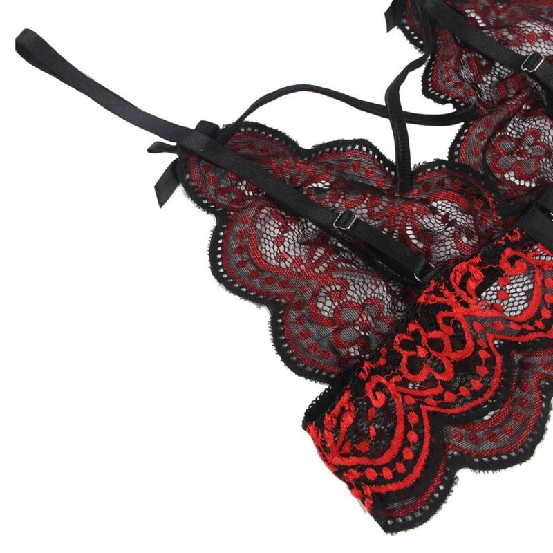 Set Lencería Dos Piezas Encaje Floral Rojo y Negro L/XL