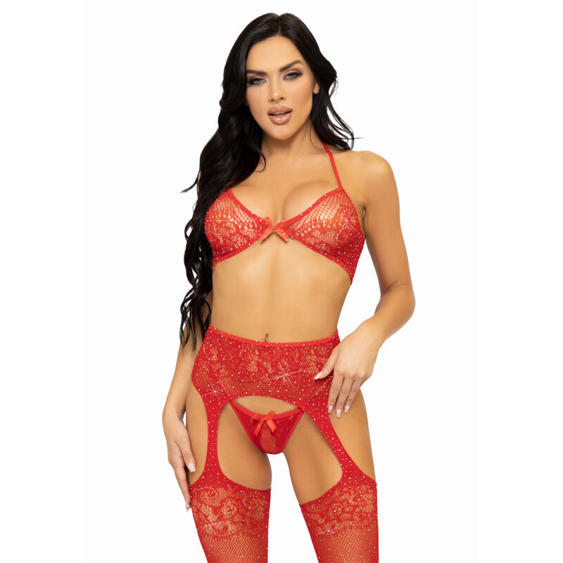 Leg Avenue Three Pieces Set - Sujetador, String y Medias Rojas Talla Única