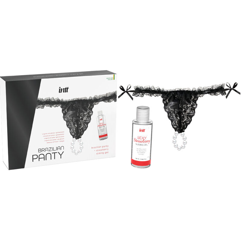 INTT Panty Brasileña Negra con Perlas y Gel Lubricante 50ml