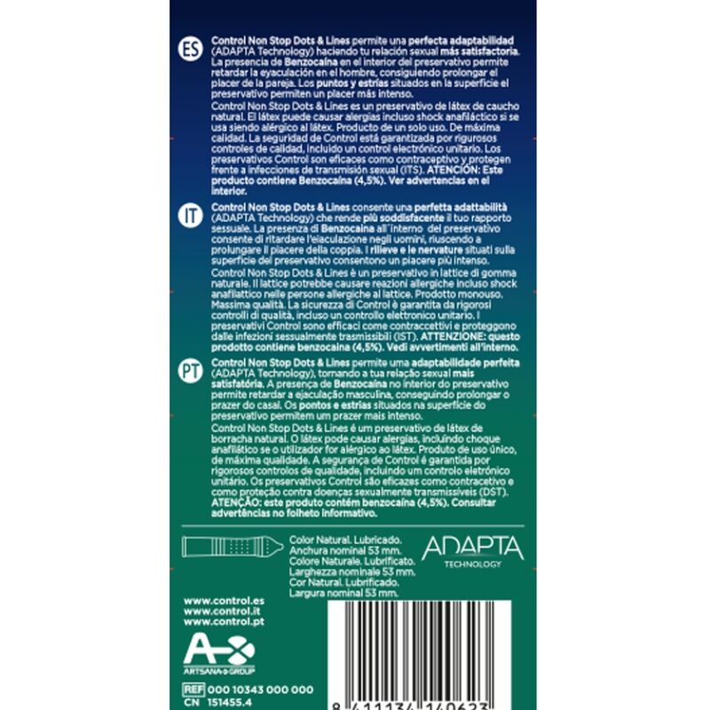 Control Nonstop Dots and Lines - Preservativos con Efecto Retardante 12 Unidades