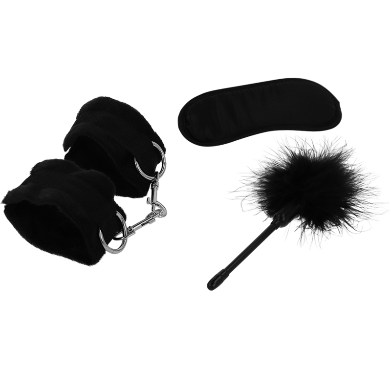Set Erótico INTENSE FETISH 2 - Esposas, Antifaz y Plumero en Cuero Vegano