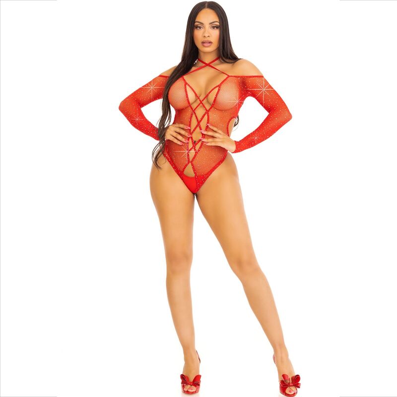 Bodystocking de Red Crochet Sin Pies Leg Avenue - Escote Pronunciado