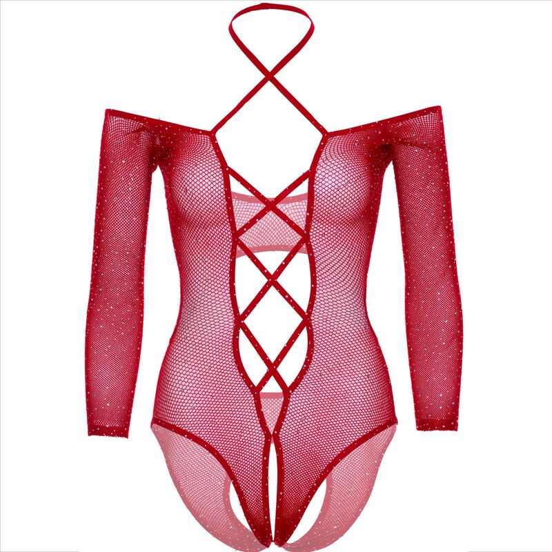 Bodystocking de Red Crochet Sin Pies Leg Avenue - Escote Pronunciado