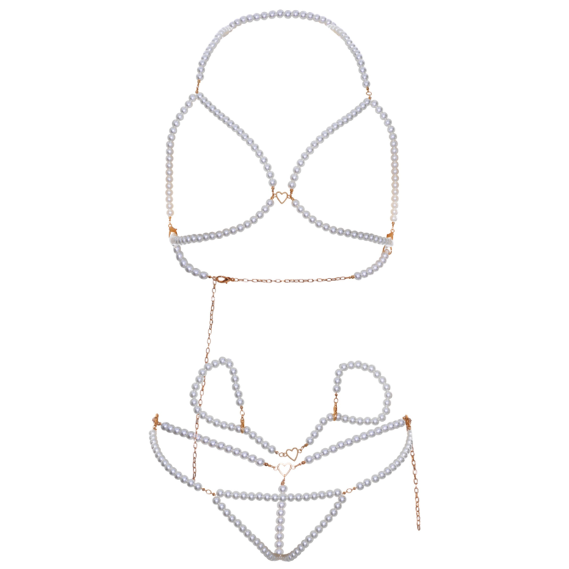 Leg Avenue Bra Wristbands & Pearl Thong Set - Conjunto de Lencería de Perlas