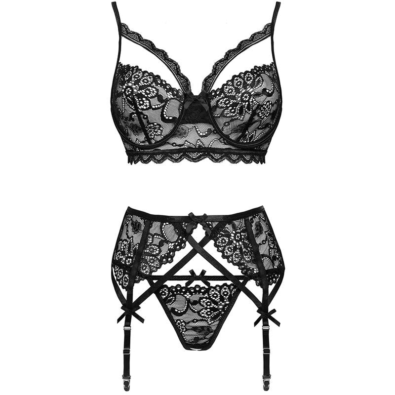 Conjunto Lencería Moridam LC 90552 - Sujetador + Liguero + Braga Negro L/XL