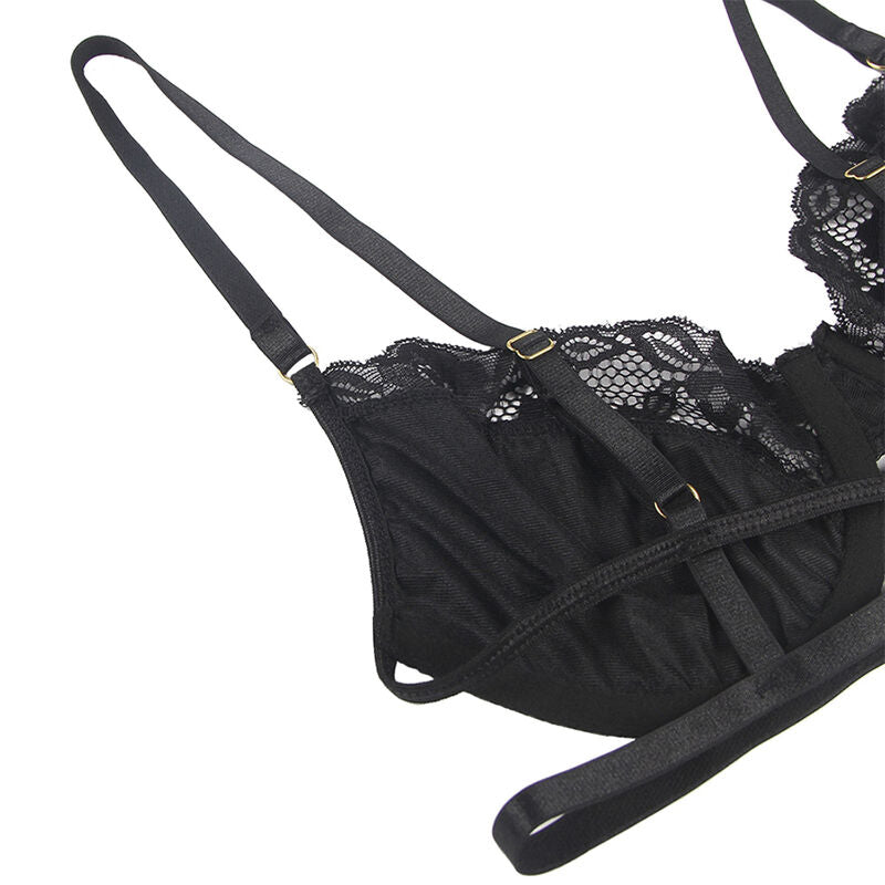 Set Lencería Subblime 3 Piezas Sujetador Tanga Liga Floral Negro L/XL