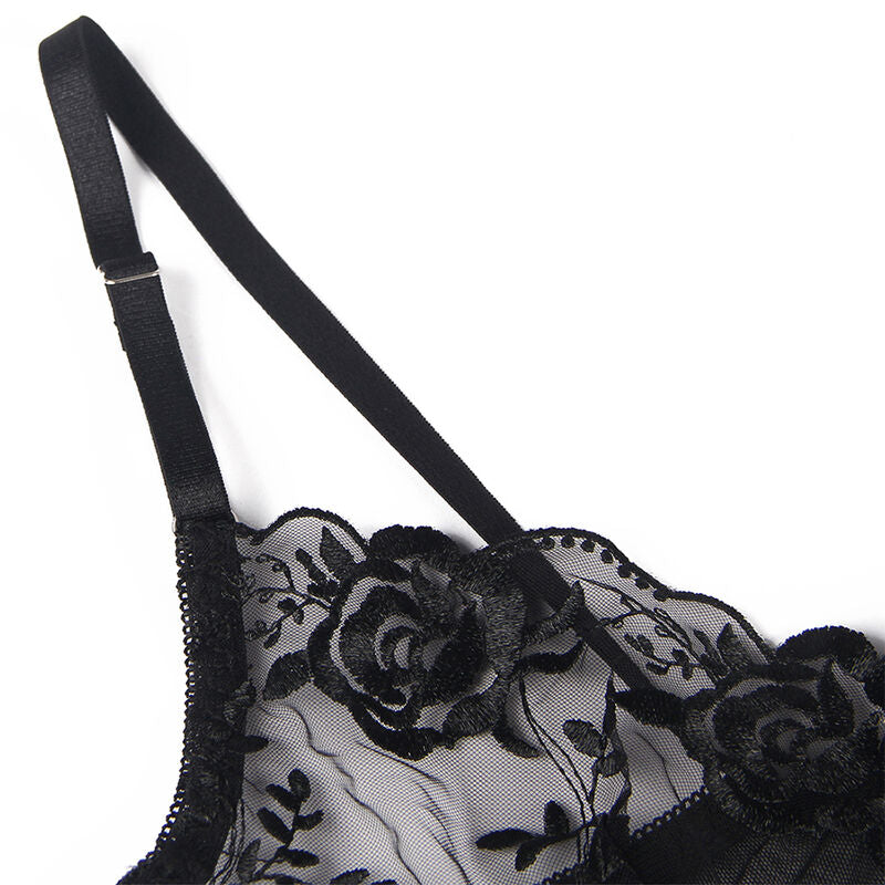 Set de Lencería Subblime 3 Piezas Floral Negro L/XL - Sujetador, Tanga y Liga