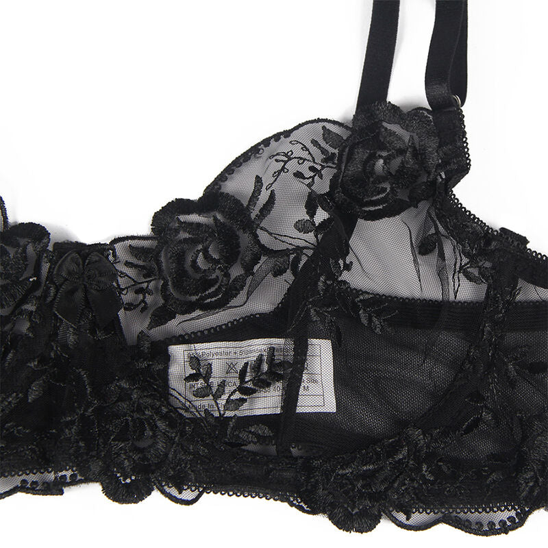 Set de Lencería Subblime 3 Piezas Floral Negro L/XL - Sujetador, Tanga y Liga