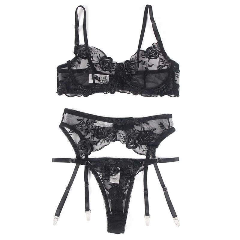 Set de Lencería Subblime 3 Piezas Floral Negro L/XL - Sujetador, Tanga y Liga