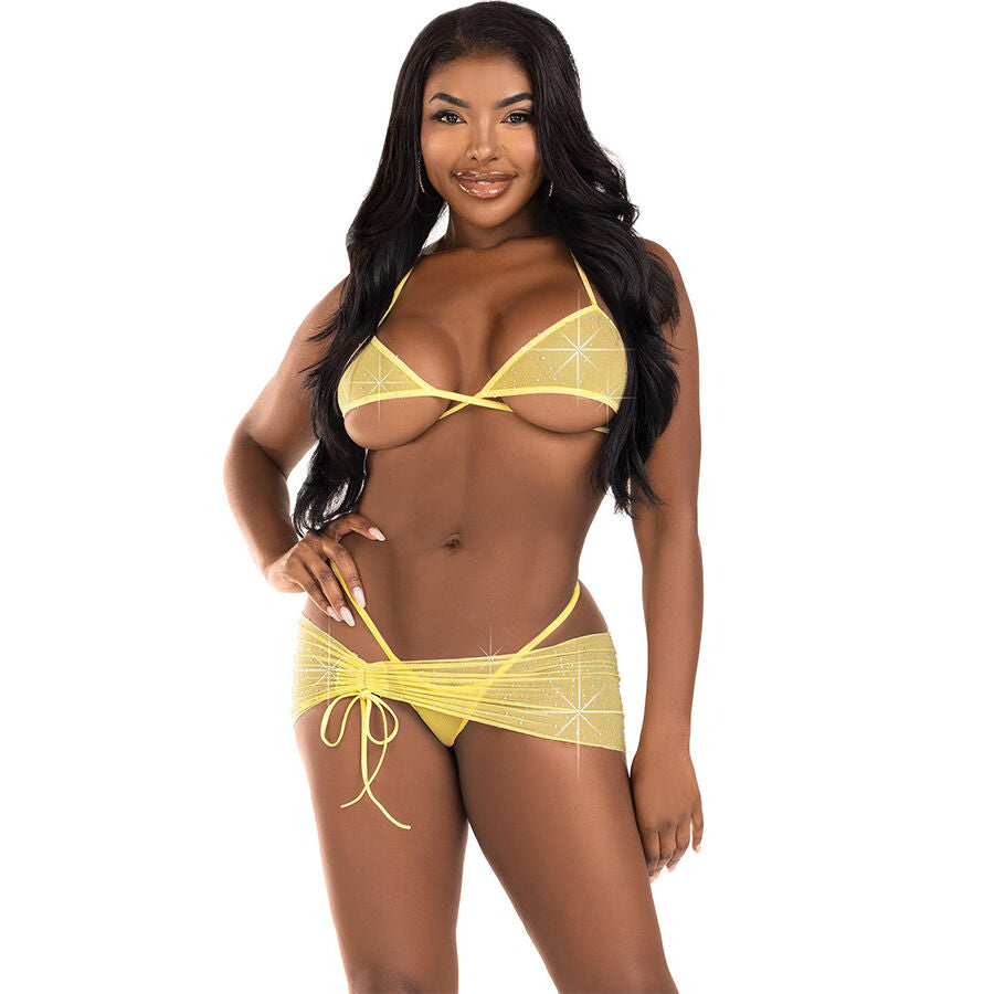 Leg Avenue Three Pieces Diamonds Set Amarillo S/M - Conjunto Lencería 3 Piezas