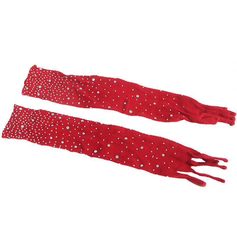 Subblime Fishnet Bodystocking con Guantes y Diamantes Rojo Talla Única