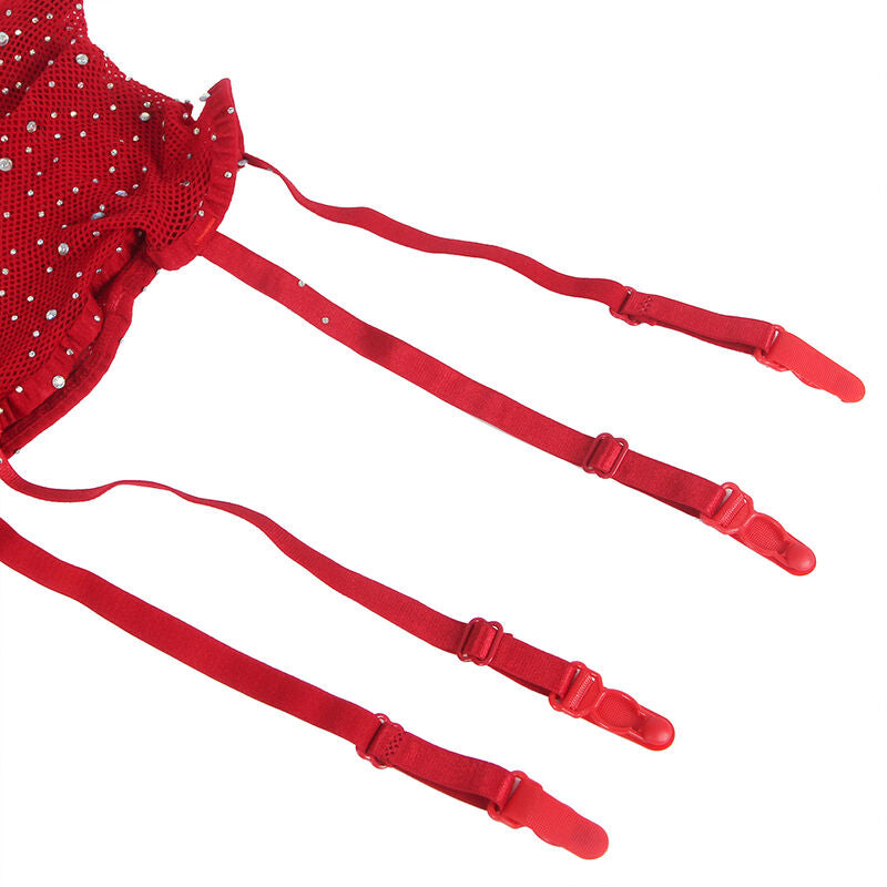 Subblime Fishnet Bodystocking con Guantes y Diamantes Rojo Talla Única