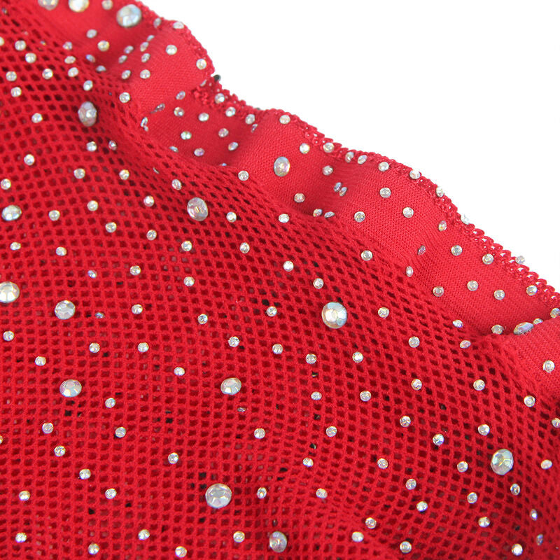 Subblime Fishnet Bodystocking con Guantes y Diamantes Rojo Talla Única