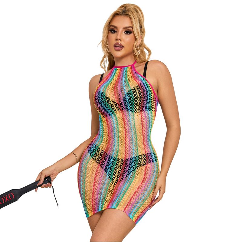 Subblime Rainbow Fishnet Dress - Vestido de Red Arcoíris Hombros Descubiertos