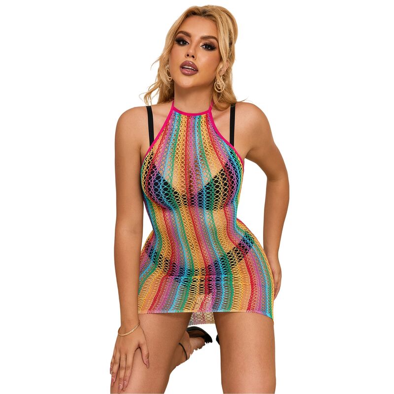 Subblime Rainbow Fishnet Dress - Vestido de Red Arcoíris Hombros Descubiertos