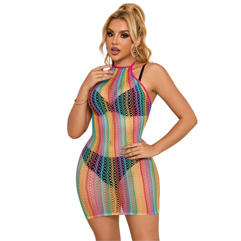 Subblime Rainbow Fishnet Dress - Vestido de Red Arcoíris Hombros Descubiertos