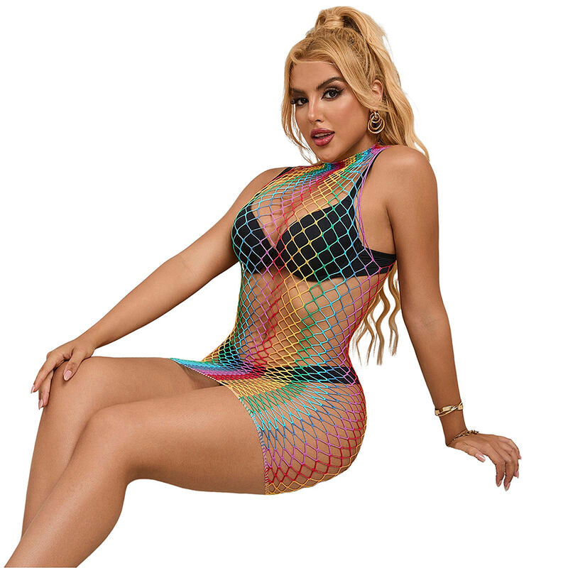 Subblime Rainbow High Neck Sleeveless Fishnet Bodystocking One Size