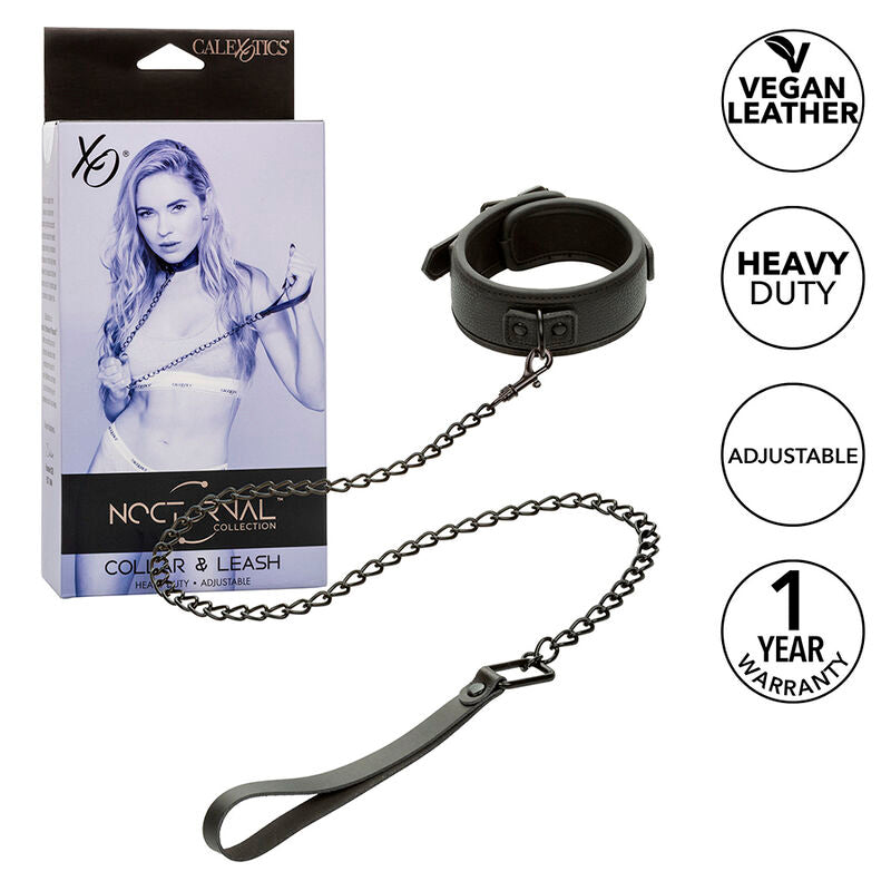 Nocturnal Collar & Leash - Juego de Cuero Ajustable Negro