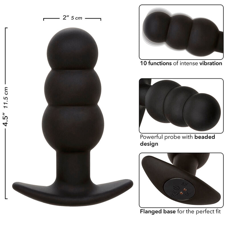 CalExotics Rock Bottom Beaded Anal Plug - 10 Vibraciones Silicona Negra