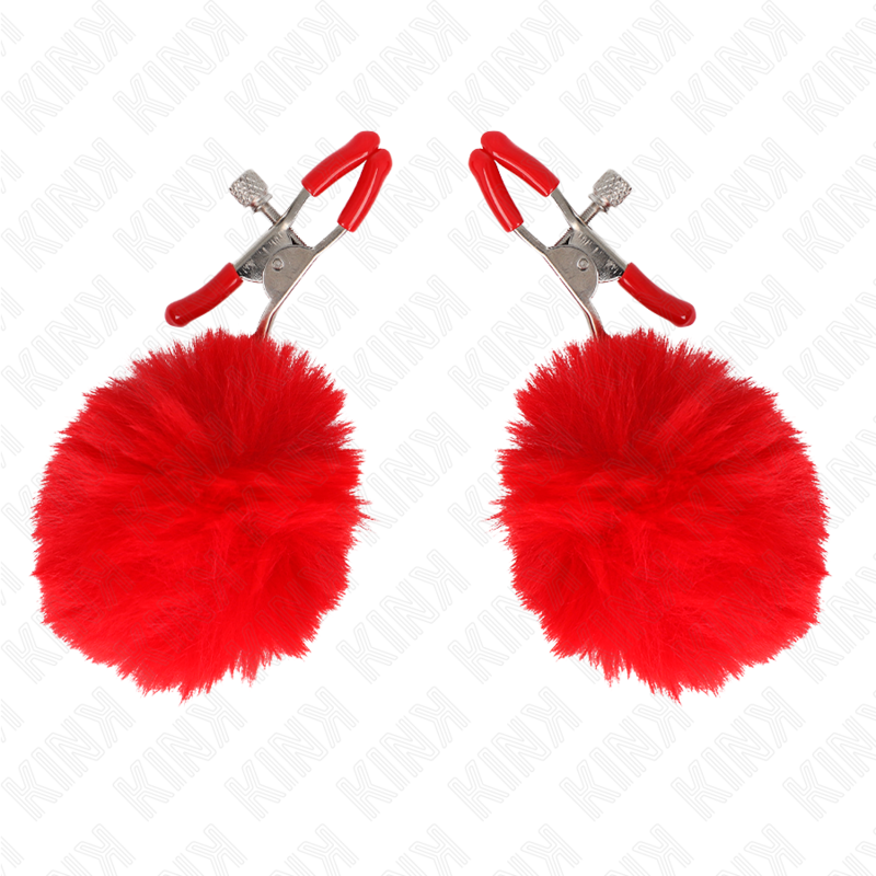 Kink Faux Fur Ball Nipple Clamp Red - Pinzas Ajustables con Pompón