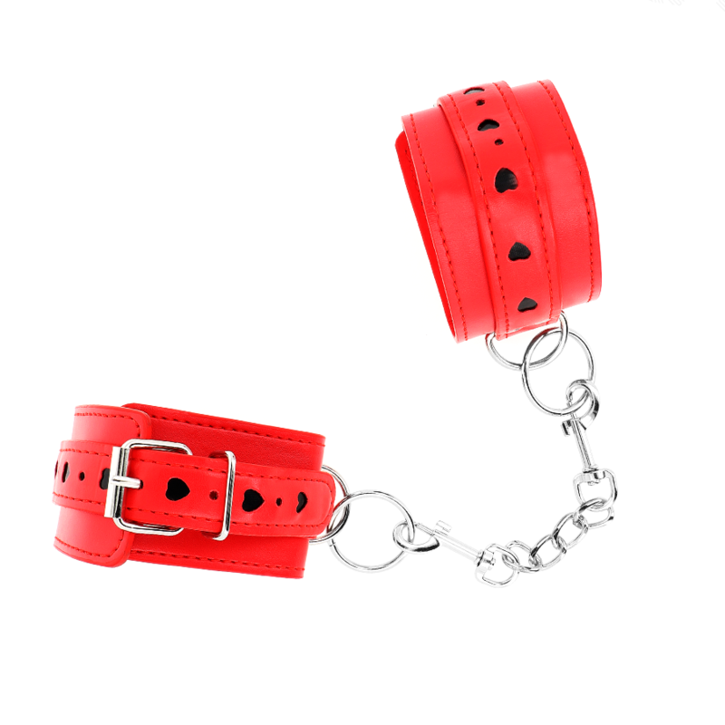 Esposas de Muñeca KINK Rojas Ajustables 21-28 cm con Incrustación de Corazón Negro