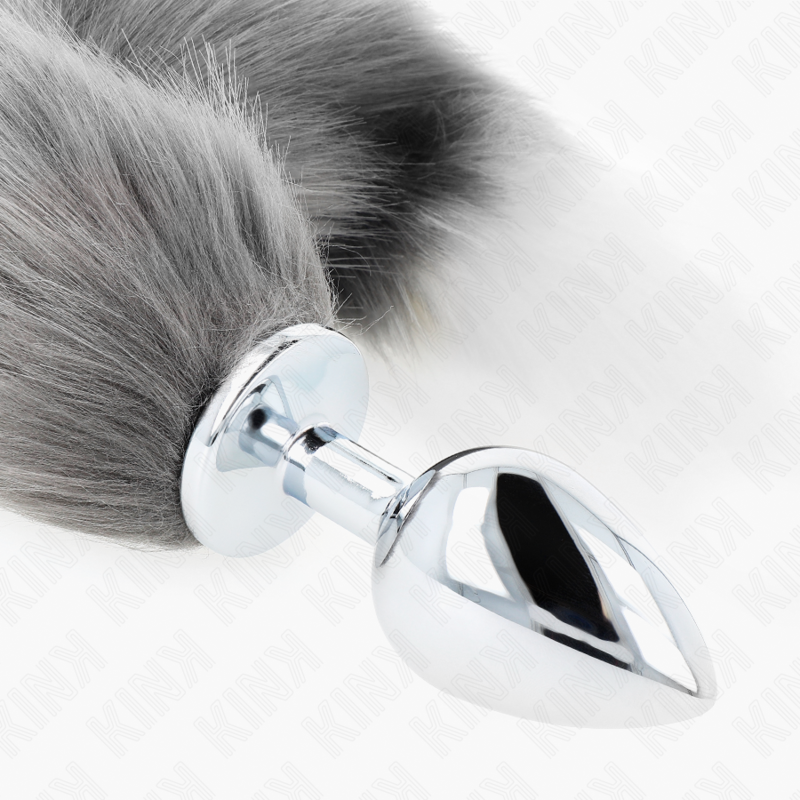 Kink Anal Plug Talla L con Cola Sintética 40 cm - Gris y Blanco