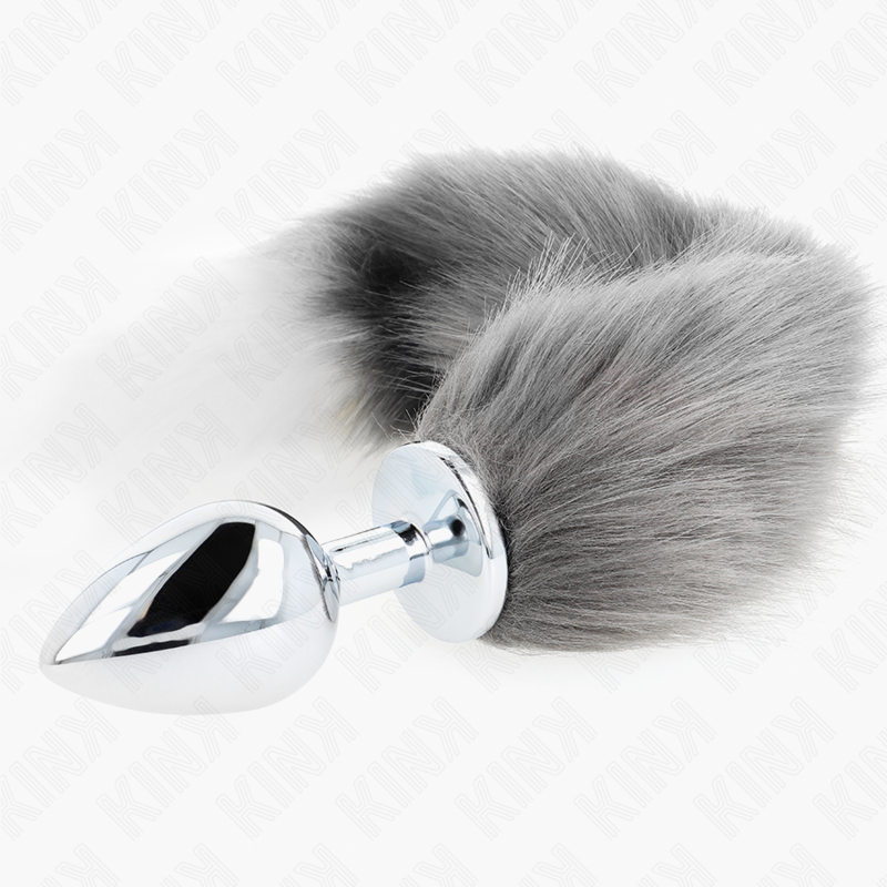 Kink Anal Plug Talla L con Cola Sintética 40 cm - Gris y Blanco