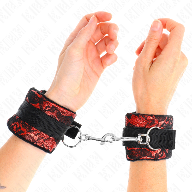 Esposas de Muñeca Terciopelo KINK - Rojo/Negro con Encaje y Nylon