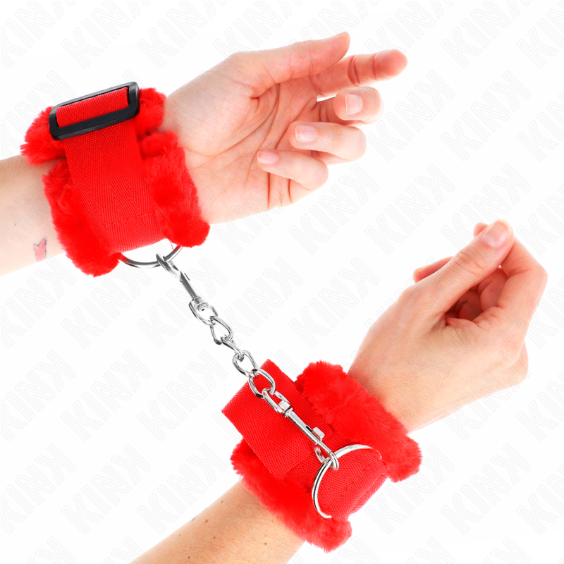 Kink Furry Lined Wrist Restraints Red - Esposas Ajustables con Forro de Piel Sintética