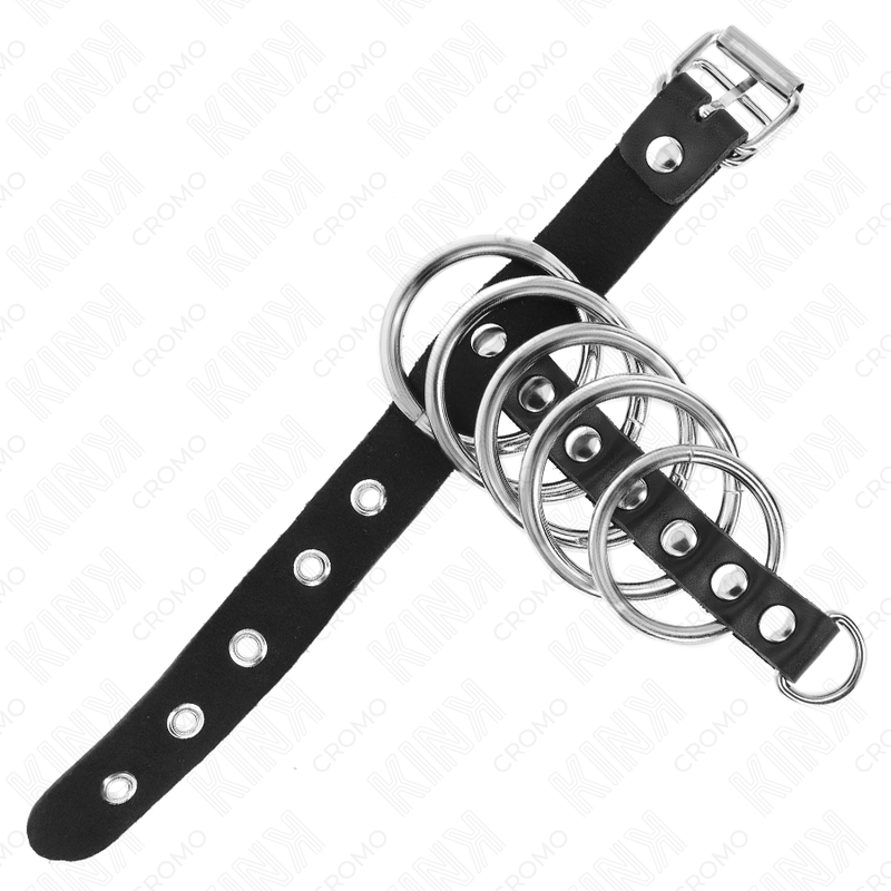 Anillo de Cuero para Pene con Correa de Cierre y 5 Aros Metálicos Ajustables