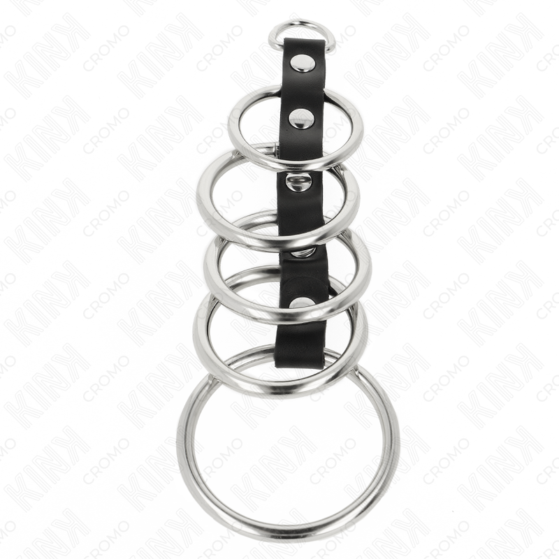 KINK Ring Power - 5 Anillos de Metal para Pene Conectados con Correa de Cuero