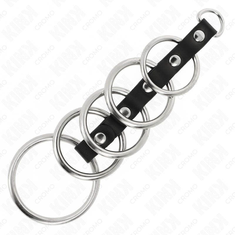 KINK Ring Power - 5 Anillos de Metal para Pene Conectados con Correa de Cuero