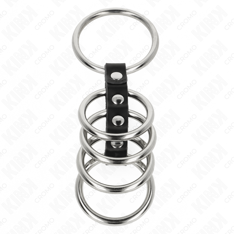 Kink Ring Power - Set de 5 Anillos de Pene Metal 3,7-5 cm con Correa Piel