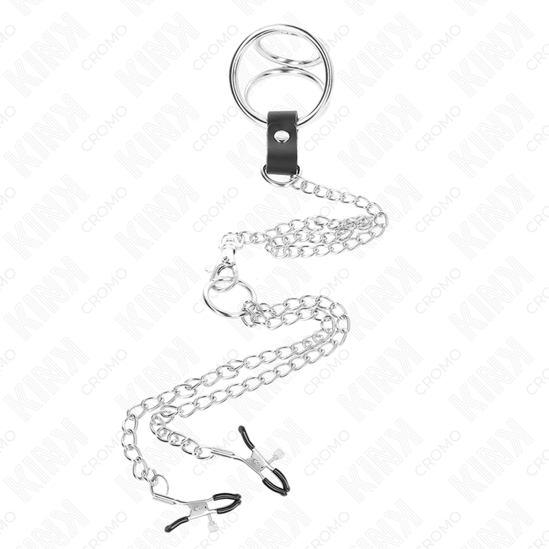 Kink Triple Chrome Metal Penis Ring 3-4.5cm con Cadena y Pinzas para Pezones