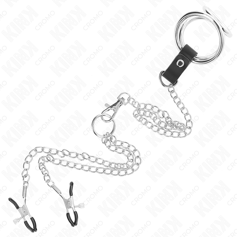 Kink Triple Chrome Metal Penis Ring 3-4.5cm con Cadena y Pinzas para Pezones