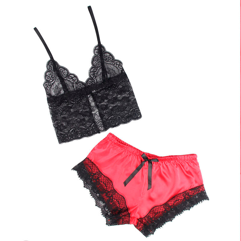 Conjunto Lencería Subblime Camisola Seda + Pantalones Encaje Negro/Rojo S/M