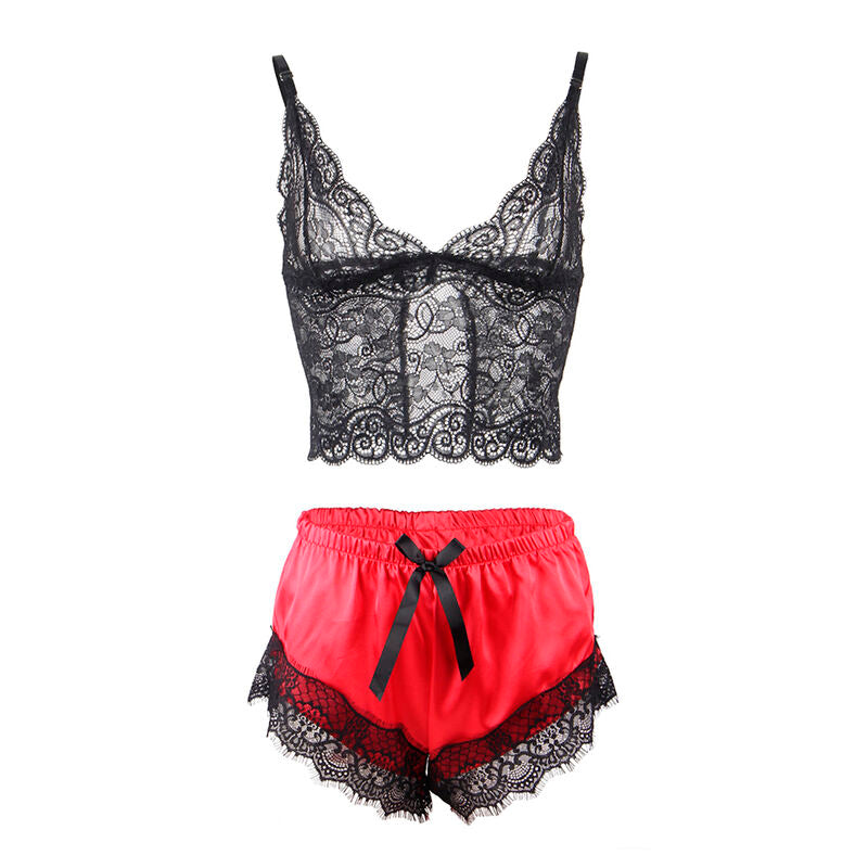Subblime Casual Silk Nightgown + Lace Pants Black/Red L/XL