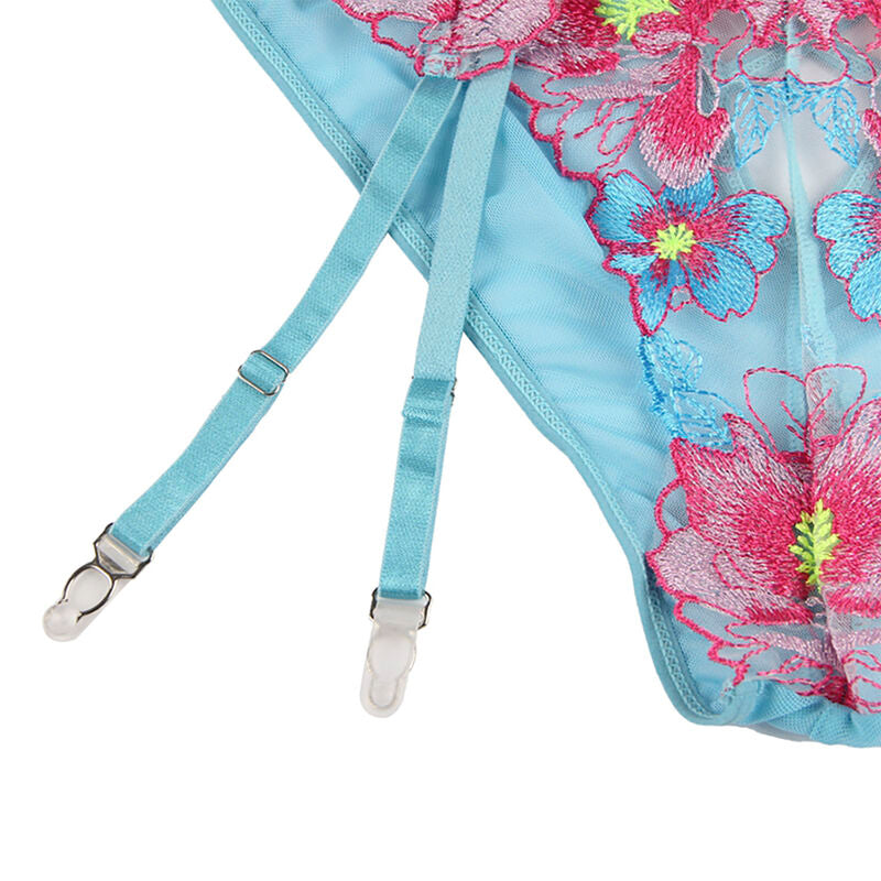 Subblime Set Lencería Floral con Liguero - Sujetador y Braguita Encaje Azul S/M
