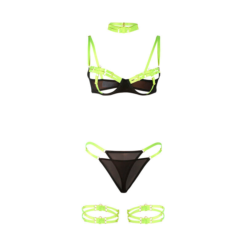 Conjunto de Lencería Subblime Verde Fluorescente con Detalles de Collar y Piernas S/M