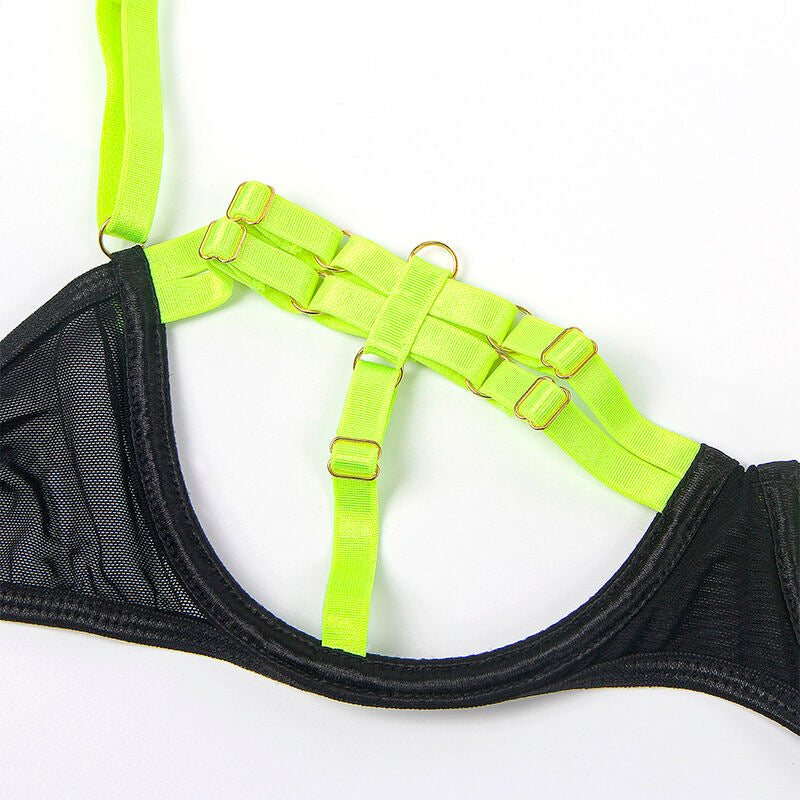 Conjunto de Lencería Subblime Verde Fluorescente con Detalles de Collar y Piernas S/M