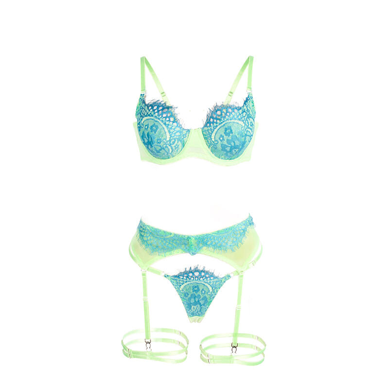 Conjunto de Lencería Subblime con Encaje y Liguero Verde y Azul L/XL