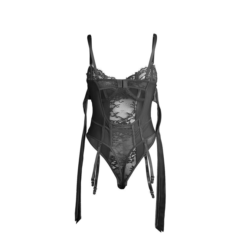 Bodysuit de Encaje Negro con Lazos y Ligueros Subblime - Talla L/XL