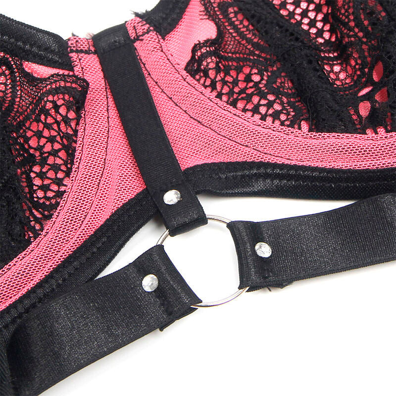 Conjunto de Lencería Rosa Push-Up Subblime con Encaje y Malla - Talla L/XL