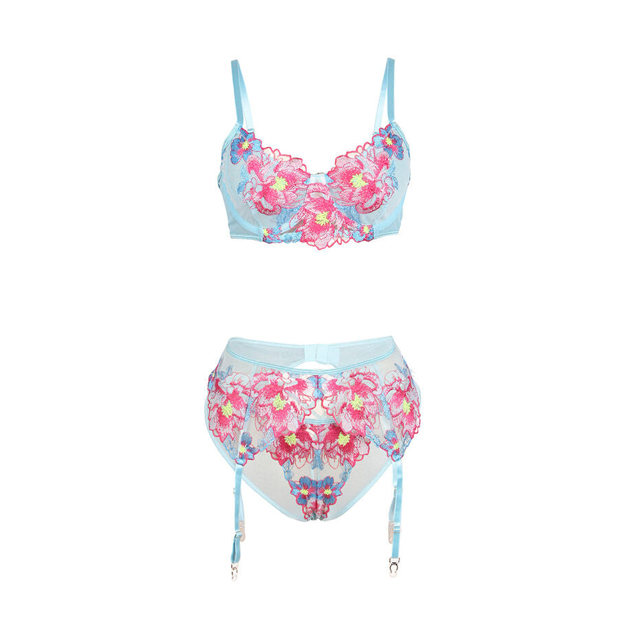 Conjunto Sujetador y Liguero Bordado Flores Rosa S/M - Subblime
