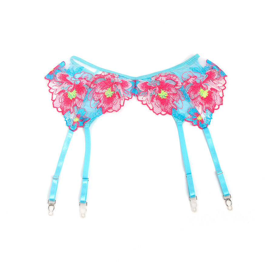 Conjunto Sujetador y Liguero Bordado Flores Rosa S/M - Subblime