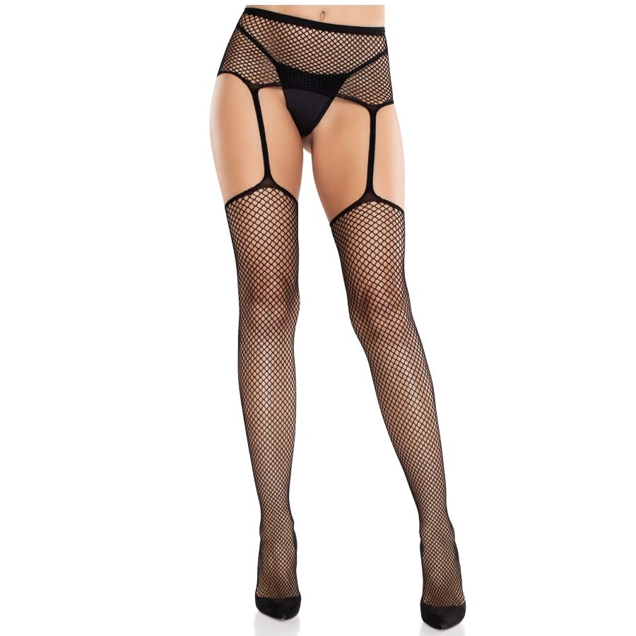 Medias de Encaje con Cruz y Liguero Negro - Leg Avenue