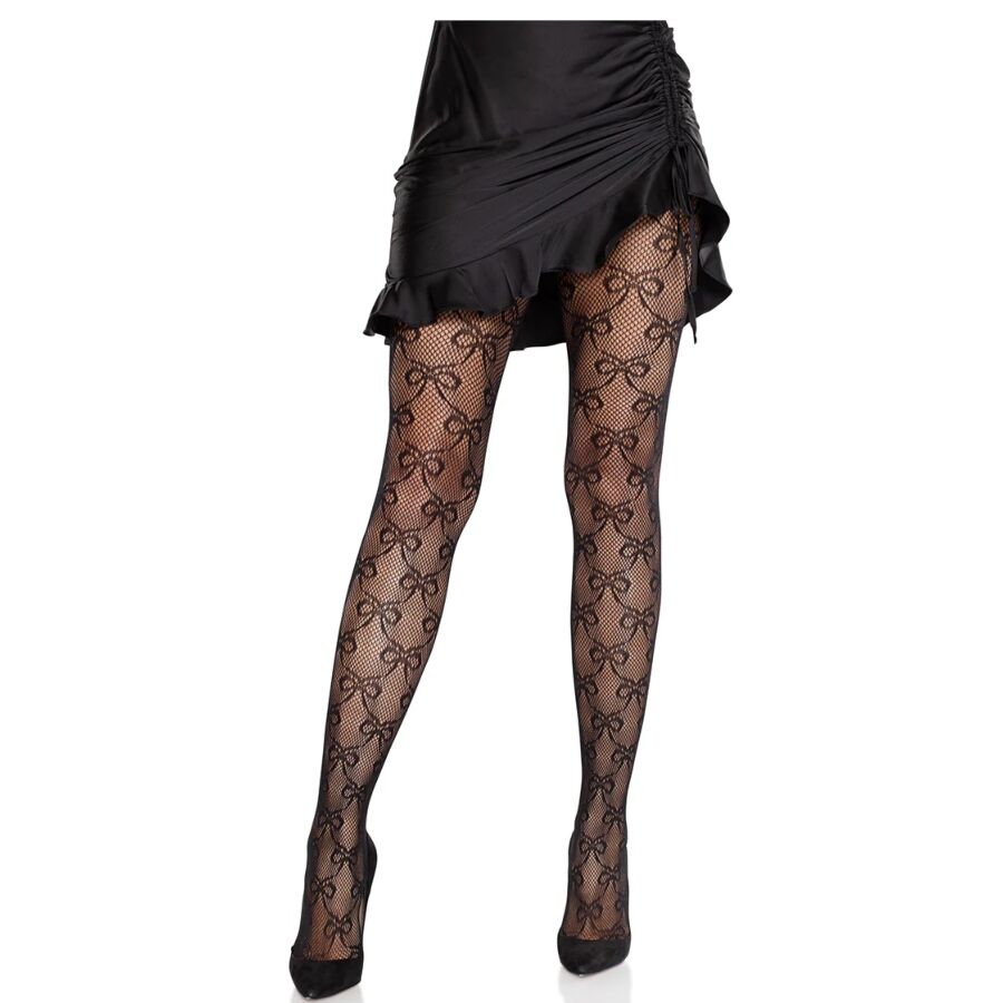 Leg Avenue Fishnet Tights with Bow - Medias Negras Talla Única