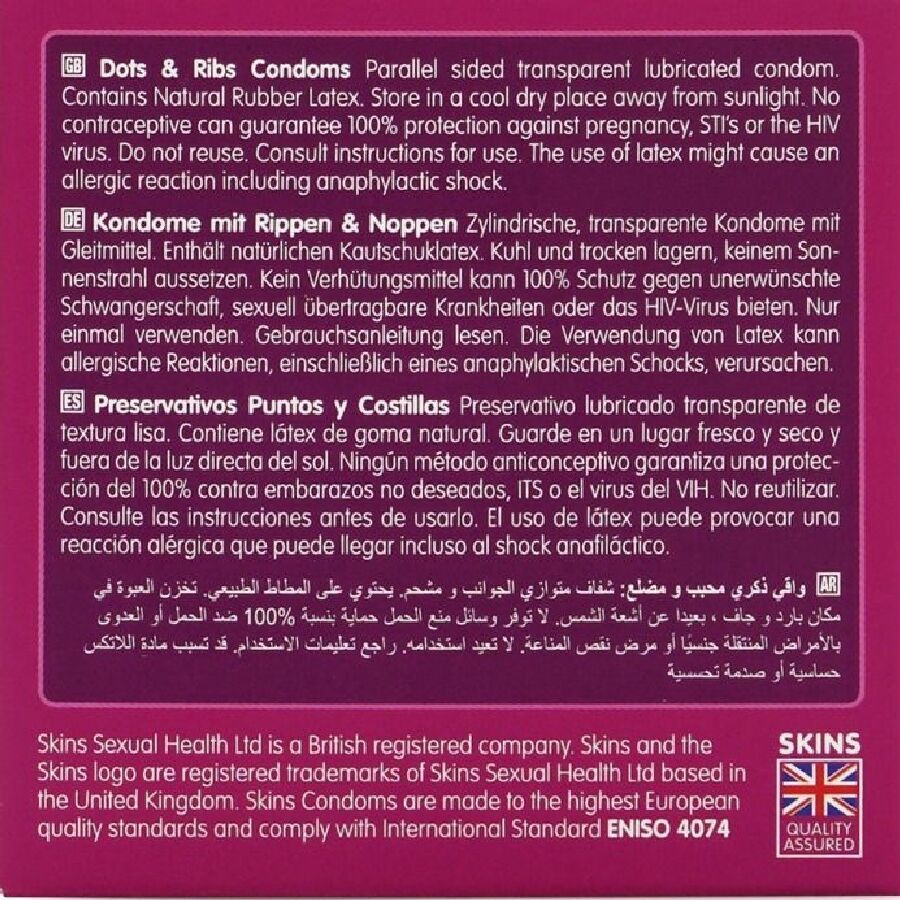 Skins Dots & Ribs Premium Condoms Pack 4 - Preservativos con Textura Innovadora
